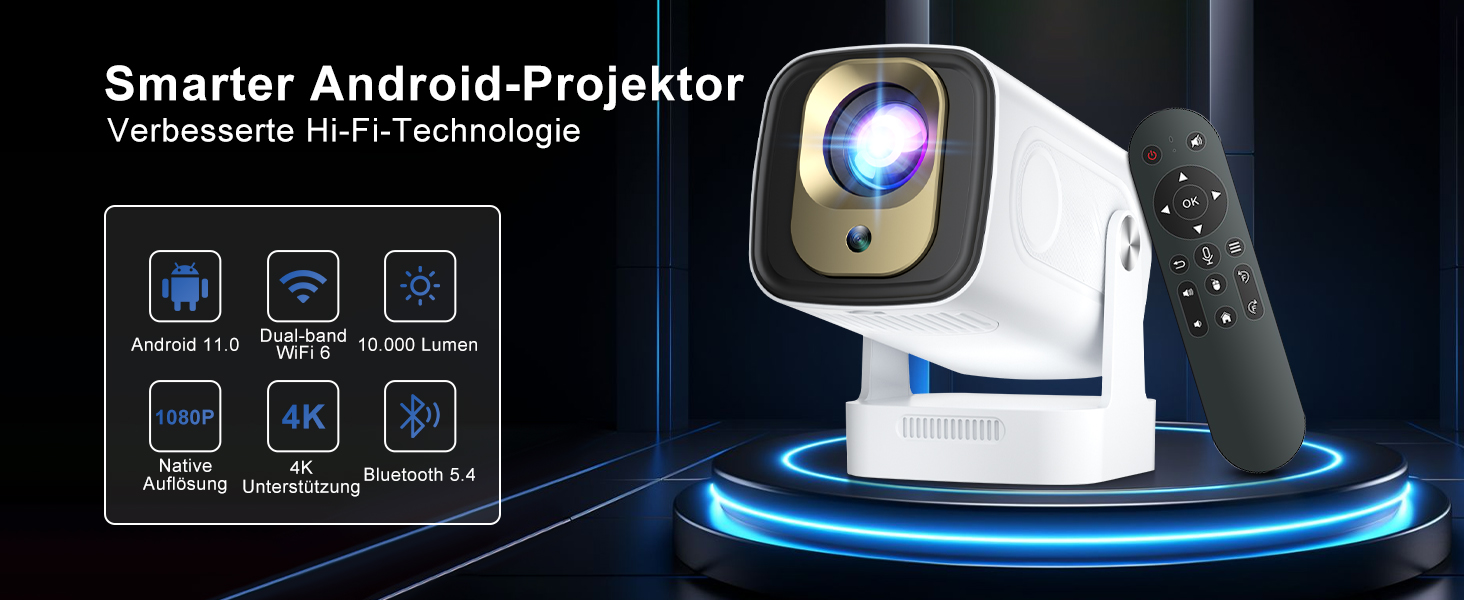 Beamer 4K HY260pro: Міні проєктор 4K з Wi-Fi 6, Bluetooth 5.4, Android TV, 180° обертання, 18000 люмен, 5W динамік для дому та відпочинку на природі