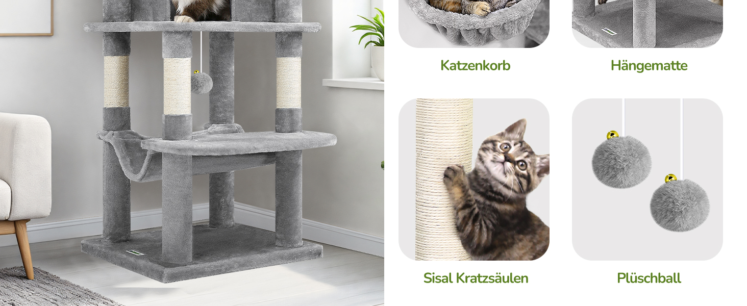 Котячий будиночок Globlazer з когтеточкою, великий, стабільний, кутовий, з великим котячим будинком, гамаком, м'яким кошиком, когтеточкою 130 см для великих котів (C51, світло-сірий) XL світло-сірий