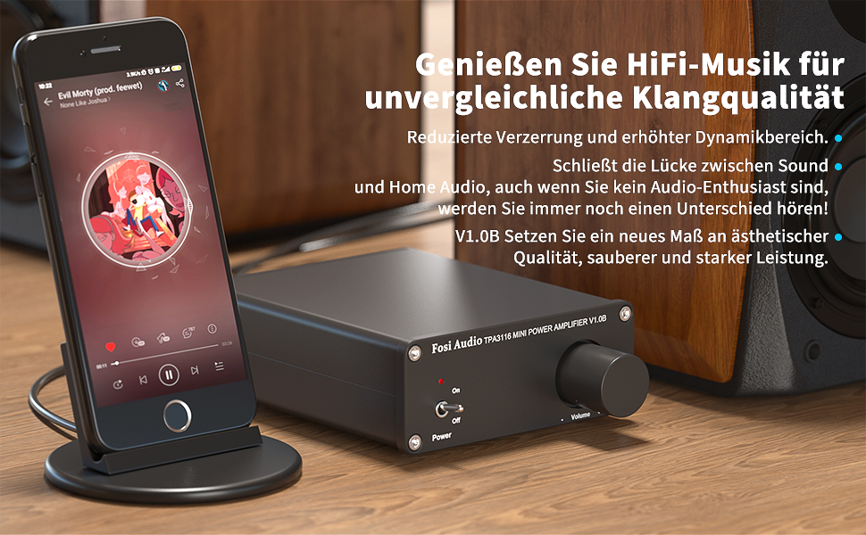 Fosi Audio V1.0B стерео підсилювач 2x50 Вт, 2-канальний міні Hi-Fi класу D, інтегрований TPA3116, з блоком живлення 19 В 4,74 А для динаміків