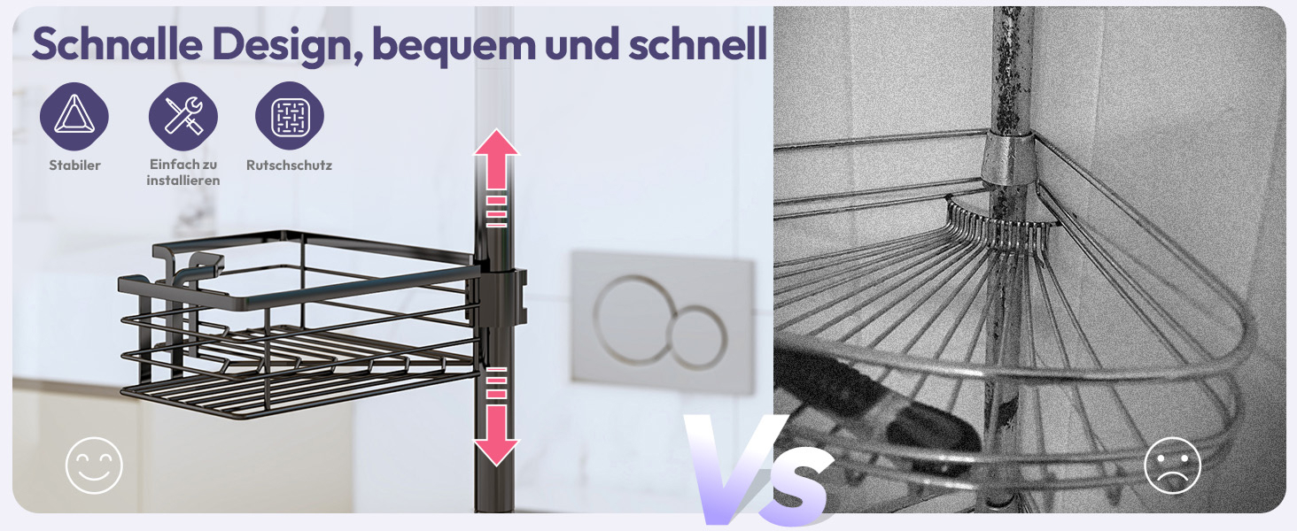 Регульована поличка для душу SWTYMIKI з нержавіючої сталі, 4 яруси, з мильницею, тримачем для зубних щіток та 4 гачками, 70-275 см, чорний (без свердління)