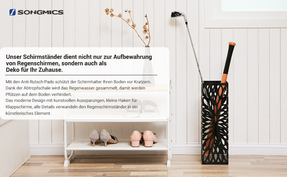 Стійка для парасоль та трекінгових палиць SONGMICS, чорна, металева, з піддоном, 4 гачки, 49H см