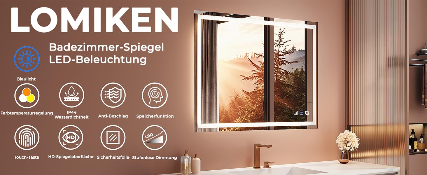 Дзеркало для ванної кімнати з підсвічуванням 60x50x3,5 см, LED, 6400K, біле світло, економія енергії, вертикальне/горизонтальне кріплення, антизапар, 3 колірні температури