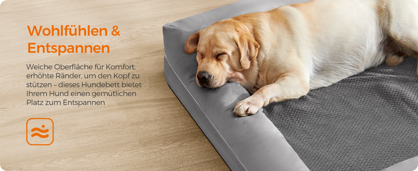 Feandrea Orthopedic Dog Bed, Dog Cushion, Dog Basket, Soft Padding, Dog Sofa, Raised Sides, Removable and Washable Cover, 91 x 71 x 20 cm, Non-Slip Bottom, PGW076G01 (L 135 x W 107 x H 25 cm, Light Grey)