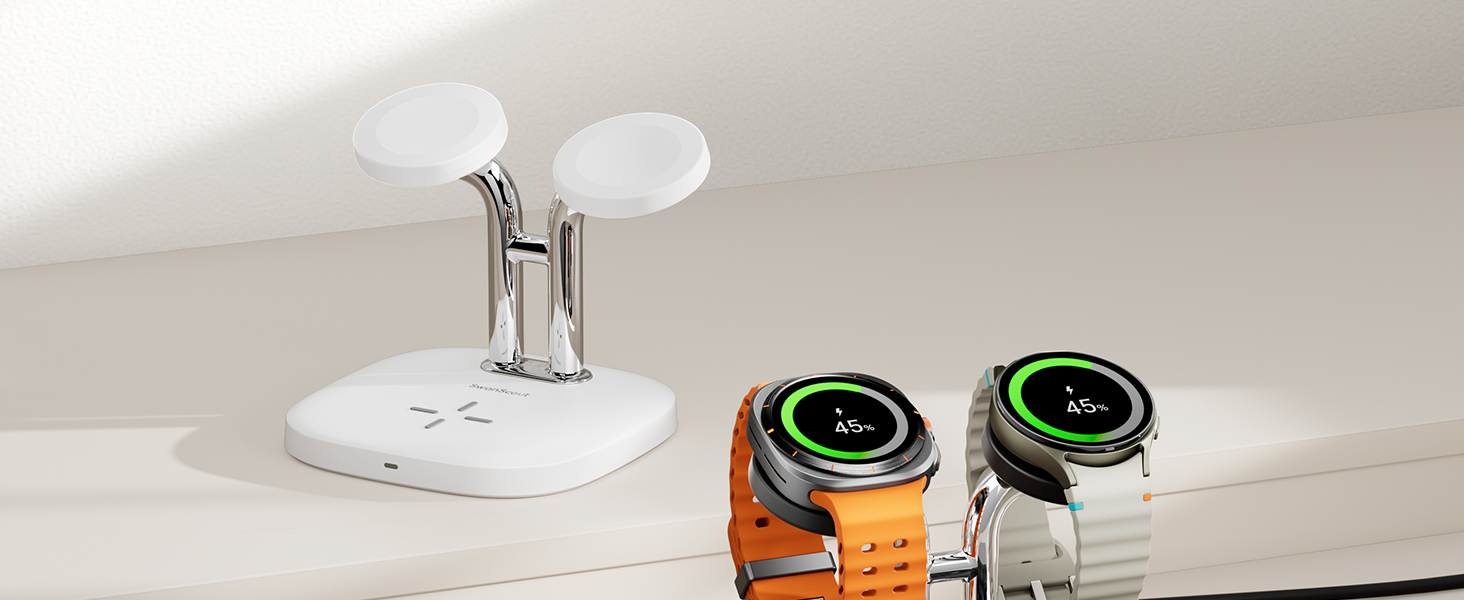 Зарядна станція SwanScout 704S Dual для Samsung Galaxy Watch 8/8 Classic/7/Ultra/6/6 Classic/5/4/3/Active 2 та Galaxy Buds 3/3 Pro/2 Pro/Buds+ (Чорна)