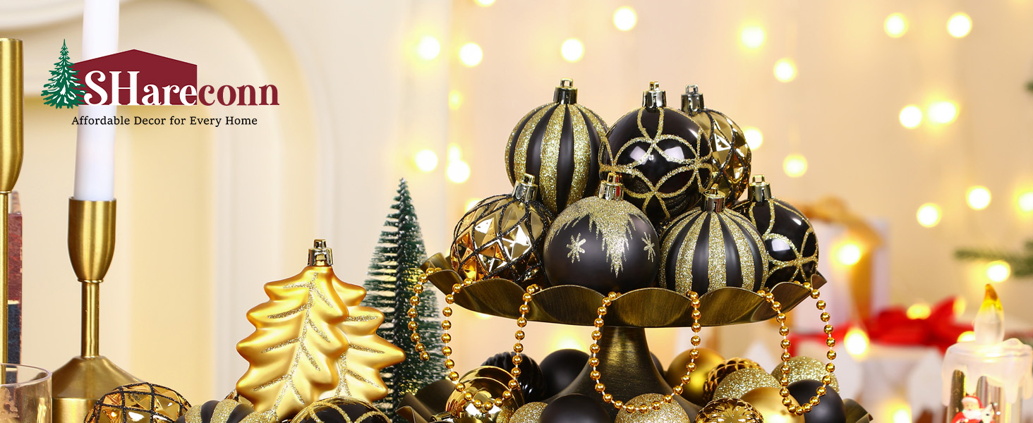 Набір прикрас для ялинки Shareconn: 106 шт. чорно-золотих кульок, 24 кольори, ударостійкий, для святкування, весілля