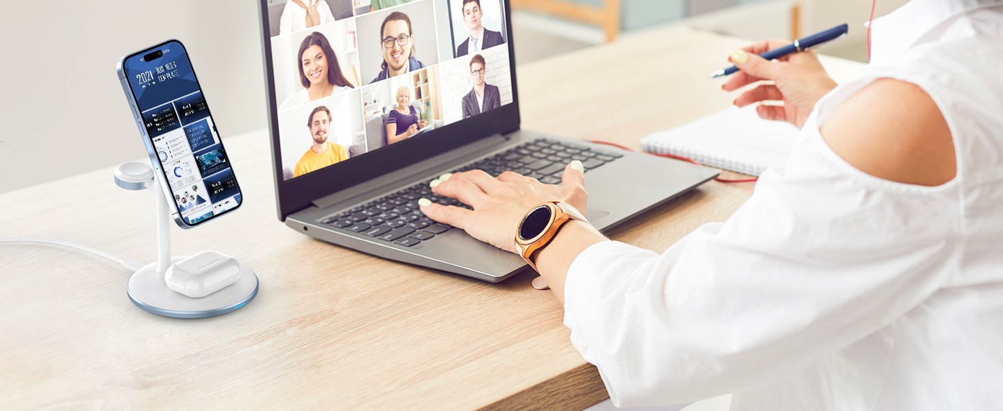 База для бездротової зарядки 3-в-1: iPhone, iWatch, AirPods, 15W, MagSafe, фіолетовий (світло-блакитний)