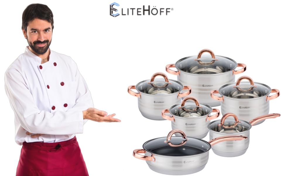 Набір посуду EliteHoff Induktion 12-ти частинний: каструлі та сковорідки з нержавіючої сталі з кришкою, ручки рожевого золота, для всіх типів плит