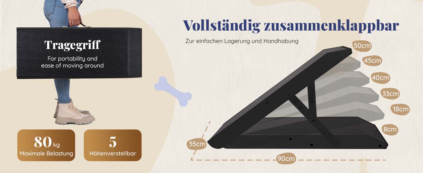 Рампа для собак Hunderampe: регульована, 18-53 см, для ліжка/дивану, з антиковзким покриттям, з натурального дерева (бірча)