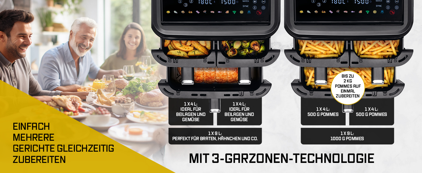 Фритюрниця електрична Gourmetmaxx FryUp3 з 3 камерами 17л, Airfryer з сенсорним дисплеєм, 12 програм, вікном огляду – для 12 осіб