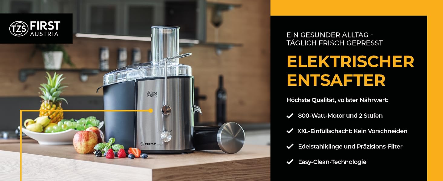 Соковижималка TZS First Austria 800W, чаша 750 мл, XXL завантажувальний отвір, 2 швидкості, фільтр з нержавіючої сталі