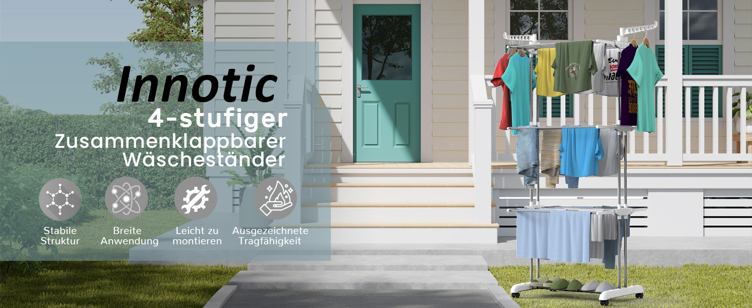 Розкладний сушильник для білизни Innotic з 4 ярусами та колесами (білий/сірий)