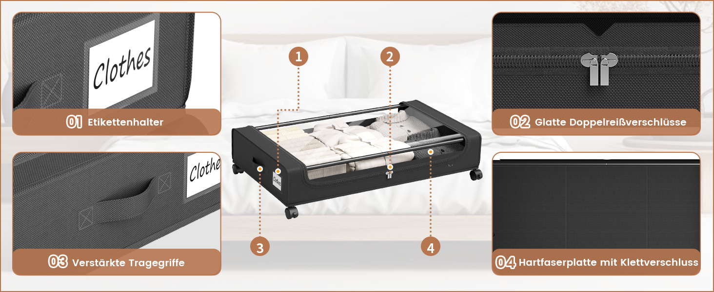 Коробки для зберігання під ліжко PHINOX з колесами, 2 шт (74x42x16 см) - місткі контейнери для одягу, взуття, іграшок з прозорою кришкою