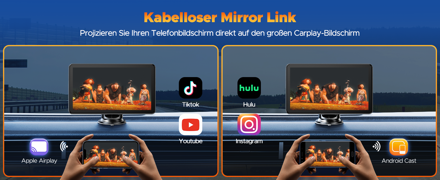 Volam Бездротовий CarPlay/Android Auto дисплей 7 дюймів, сенсорний екран, Mirror Link, навігація, музика, Siri, Google Асистент, Bluetooth 5.0, AUX, FM