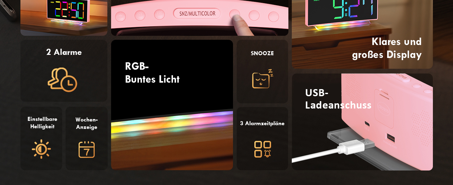 Цифровий LED будильник з RGB нічником (7 кольорів), мережевий будильник з 2 сигналами, функцією Snooze, регулюванням гучності та яскравості, 12/24г (Рожевий)