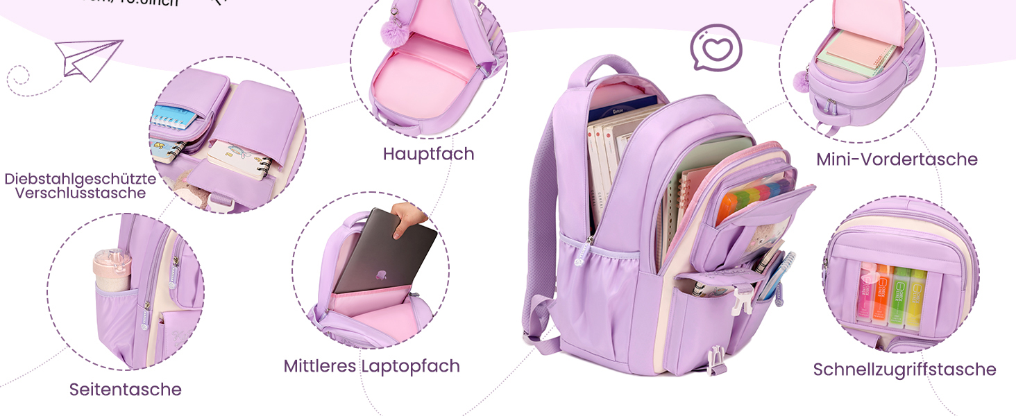 Шкільний рюкзак для дівчаток DivingBirds, 2-7 клас, 22L | Легкий дитячий рюкзак з дихаючою спинкою та м'якими лямками | З нагрудним ременем | Чорний