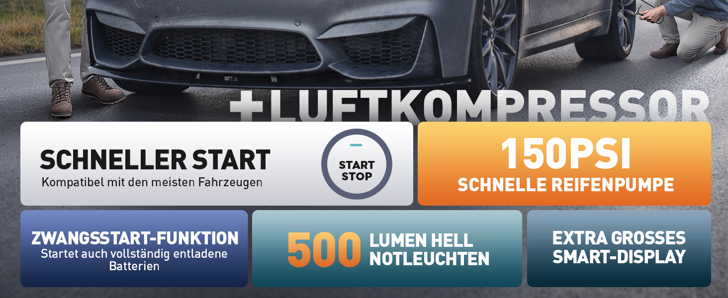 Powerbank Starthilfe 5000A з компресором 150PSI: акумулятор для авто 12V, бустер, аварійний старт, ліхтарик, рукавички