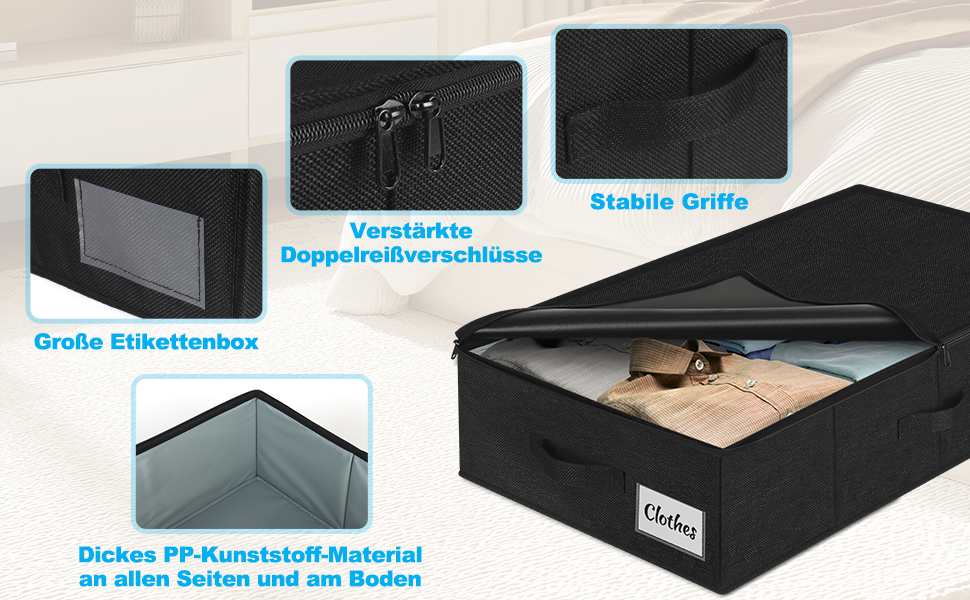 Коробки для зберігання під ліжко з кришкою, 12 см, 2 шт., складні, для одягу та ковдр, чорні