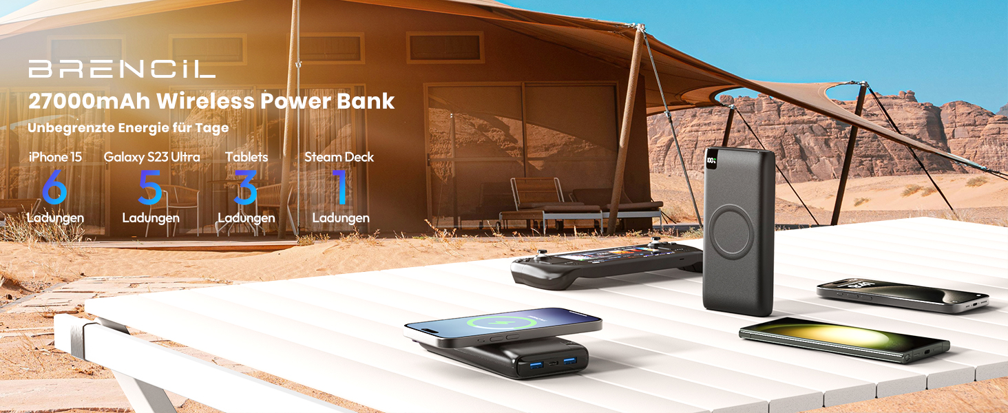 Power Bank BRENCIL 27000mAh з бездротовою зарядкою 15W, PD/QC, USB-C, чорний