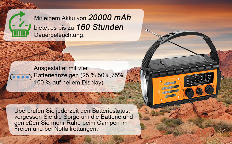 Радіо Winnes для надзвичайних ситуацій з живленням 20000 mAh, AM/FM, ліхтарик, SOS-сигнал, сонячна панель, ручне заряджання, для смартфонів (Помаранчевий)