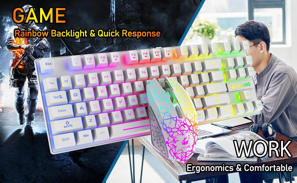 Механічна ігрова клавіатура та миша Combo з підсвічуванням Rainbow, 87 клавіш, 2.4G, USB, 2400DPI, з підсвічуванням RGB, з килимком для миші (чорний)