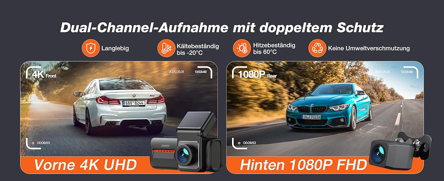iZEEKER 4K Автомобільний відеореєстратор (Dashcam) з Wi-Fi, 32GB SD-карткою, двоканальний запис 4K+1080P, IPS-дисплей 2.99', Нічне бачення, G-сенсор, Запис по колу, Паркувальний режим 24/7