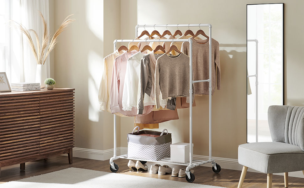 SONGMICS Clothes Rack, Clothes Rod, Coat Rack with 2 Clothes Rods and Shelf, Wheels, Load Capacity up to 110 kg, Industrial Design, for Bedroom, Dressing Room, White HSR060W01