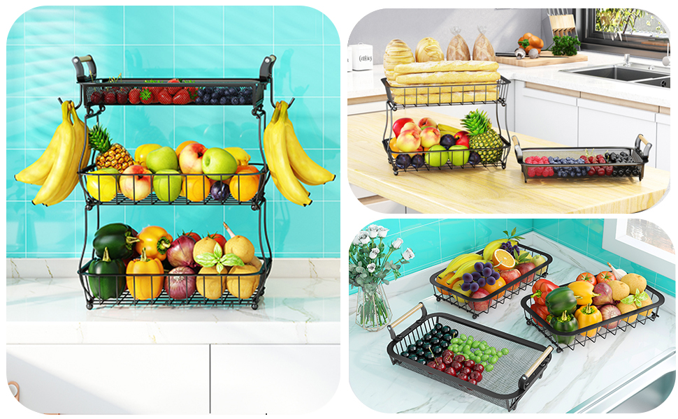 3-Tier Fruit Basket with 2 Banana Hangers for Kitchen Countertop, Vegetable Counter, Storage Holder, Large Capacity, Metal Wire, Fruit Stand, Organizer for Onion, Snack, Black
