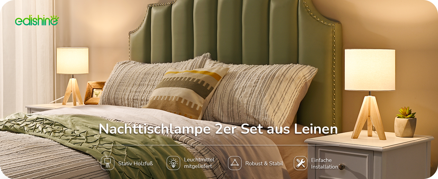 Настільна лампа EDISHINE 2 шт. з дерева, LED, з абажуром з льону кольору бежевого, патрон E27, з лампочкою, вінтажний дизайн, для спальні, вітальні, подарунок