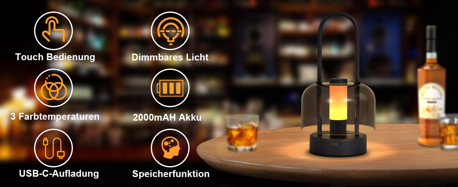 LED настільна лампа Homefire з регулюванням яскравості - акумуляторна, USB-C, 1800K-6500K, метал+акрил, чорна, з функцією пам'яті, для дому (портативна)