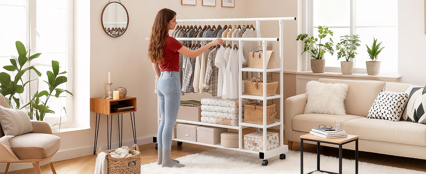 Вешалка для одягу на колесах, шестиярусна полиця з двома штангами, біла
