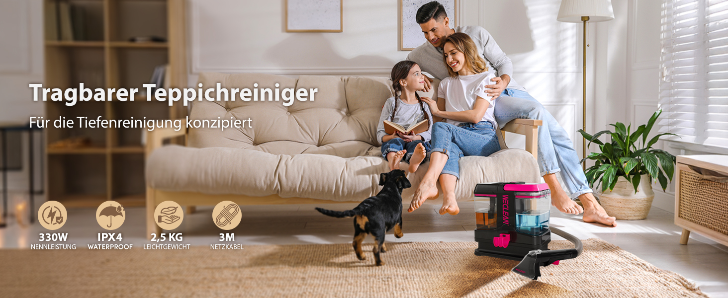 WECLEAN Миючий пилосос для килимів та м'яких меблів, портативний, 350W, двобаковий, чорний та рожевий