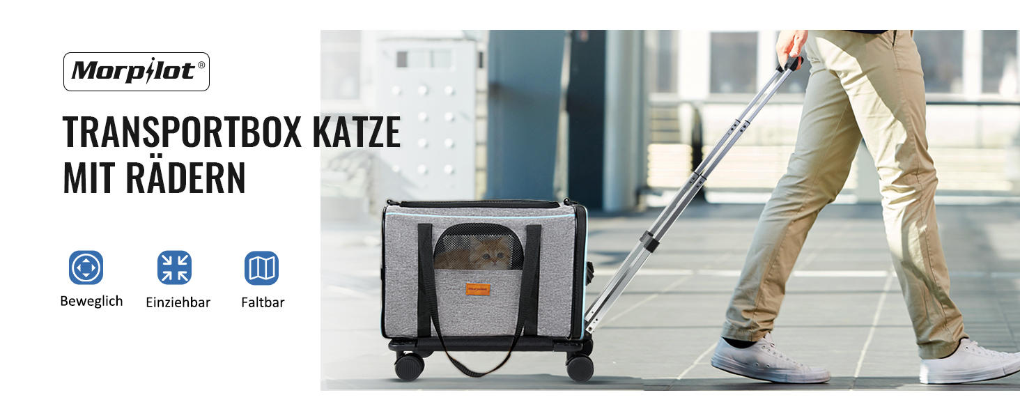 Транспортна переноска для котів та цуценят Morpilot до 5 кг, сіра, з колесами, 28 x 28 x 43 см