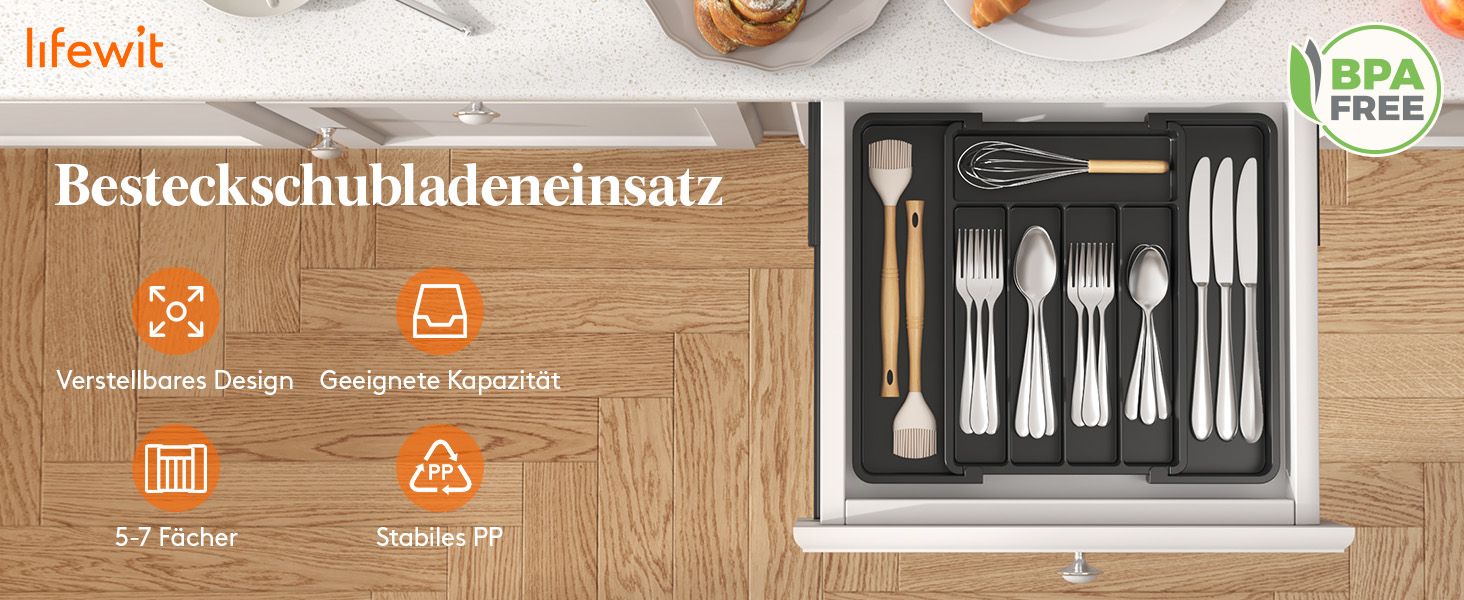 Органайзер для столових приладів Lifewit в шухляду, регульований, пластиковий, 33-57 см, глибина 38 см, чорний