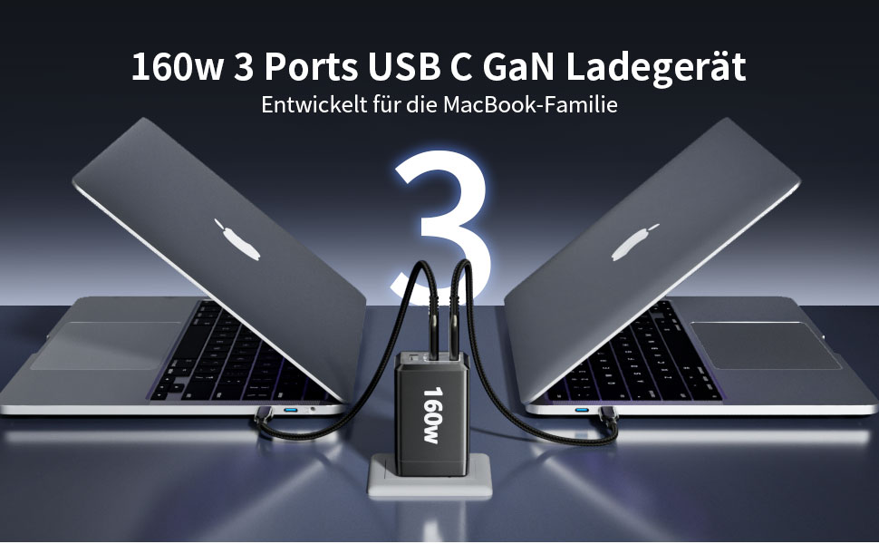 Зарядний пристрій USB-C 160W GaN: Швидка зарядка PPS, 3 порти для MacBook Pro/Air, iPad, iPhone 16/15/14 - Чорний