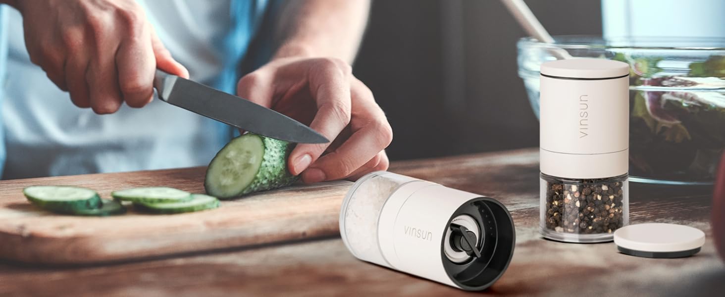 Набір з 2 мельниць для солі та перцю Vinsun - керамічний механізм, регульовані, ручні, нержавіюча сталь, кремово-білі