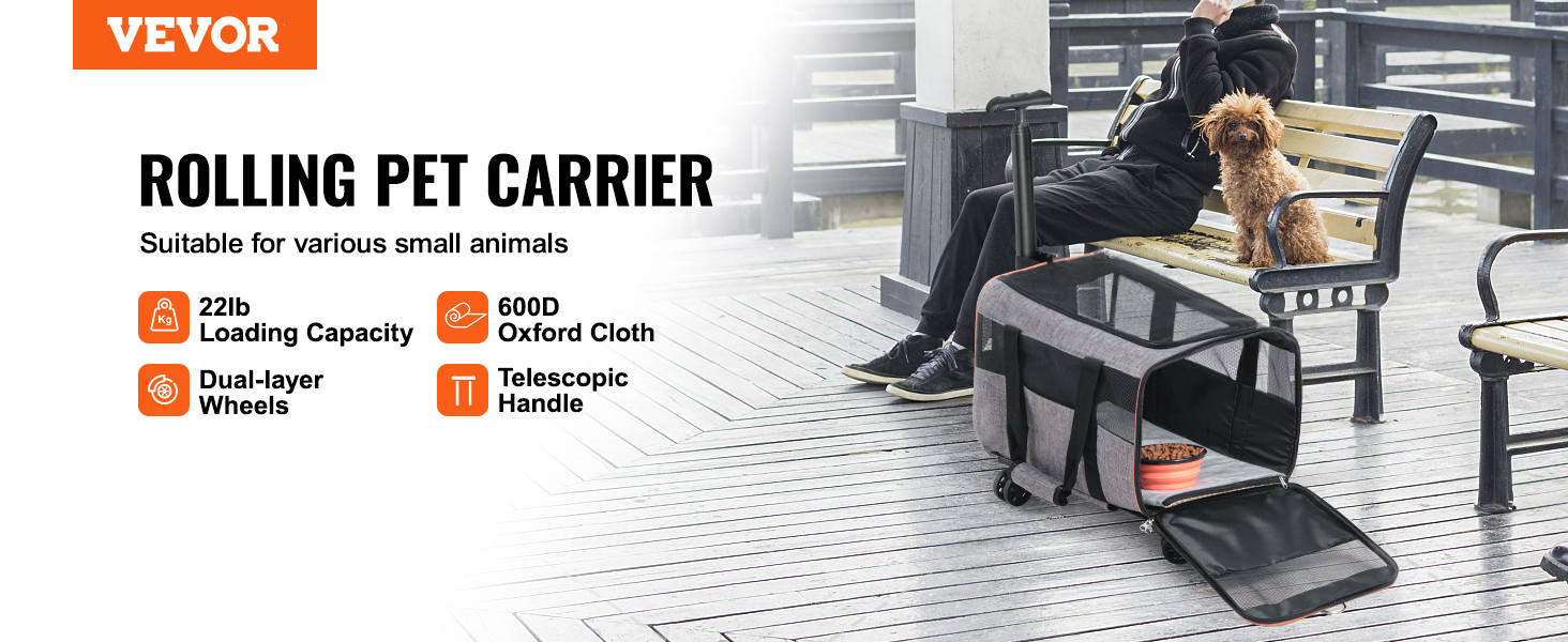 Тролей для собак VEVOR, розкладний рюкзак для собак до 15,8 кг, переноска для тварин з тканини 600D Oxford, 4 колеса, кишені для зберігання, ідеально для подорожей на авто та прогулянок (сірий, 10 кг)