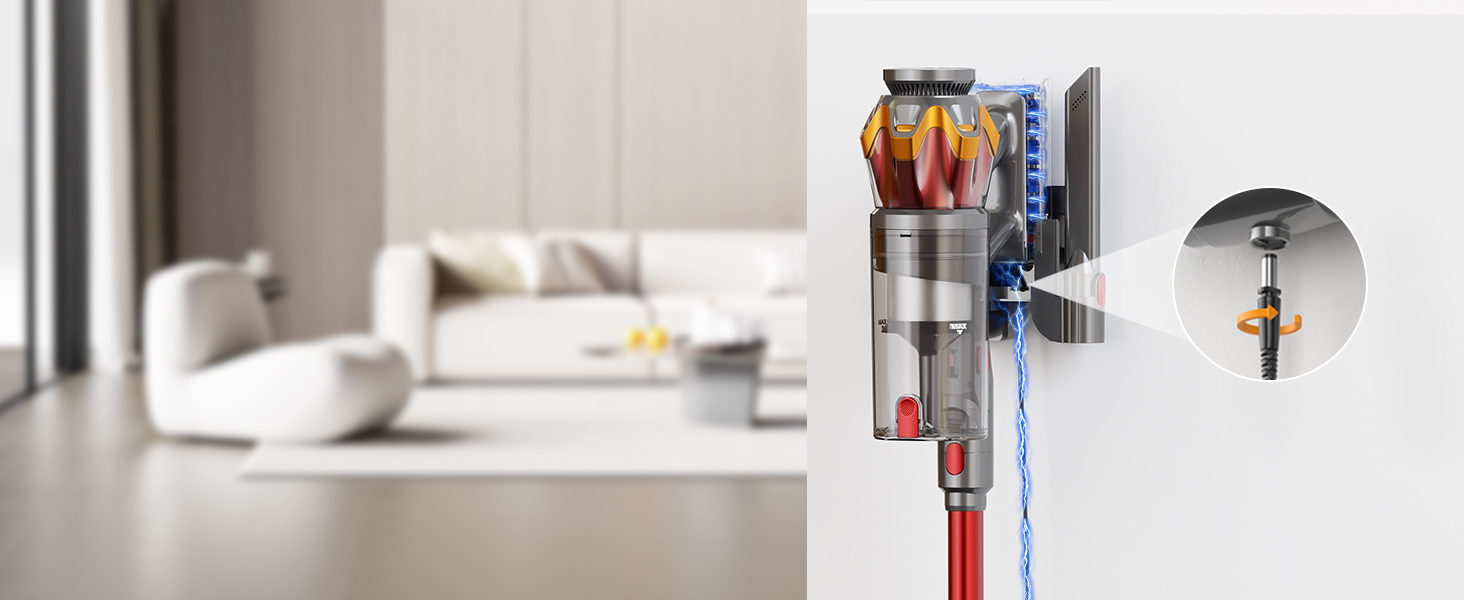 Бездротовий акумуляторний пилосос 45000Pa/550W/65хв, об'єм 1,6л з дисплеєм, антизаплутана щітка, самостійна парковка, док-станція на стіні, 8-шарова фільтрація, тихий, для шерсті тварин/килимів/твердих поверхонь/автомобіля (червоний)