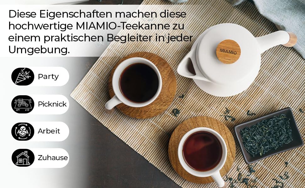 Набір для чаю Miamio: керамічний чайник 1 л з ситечком та 4 чашки (300 мл), бамбукові підставки
