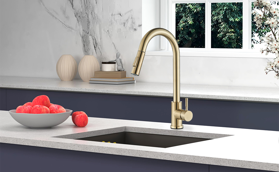 Знімна кухонна змішувач з 2 функціями, золото, 360° поворот, для кухонної мийки, однорідний змішувач, холодна та тепла вода, золотий матовий