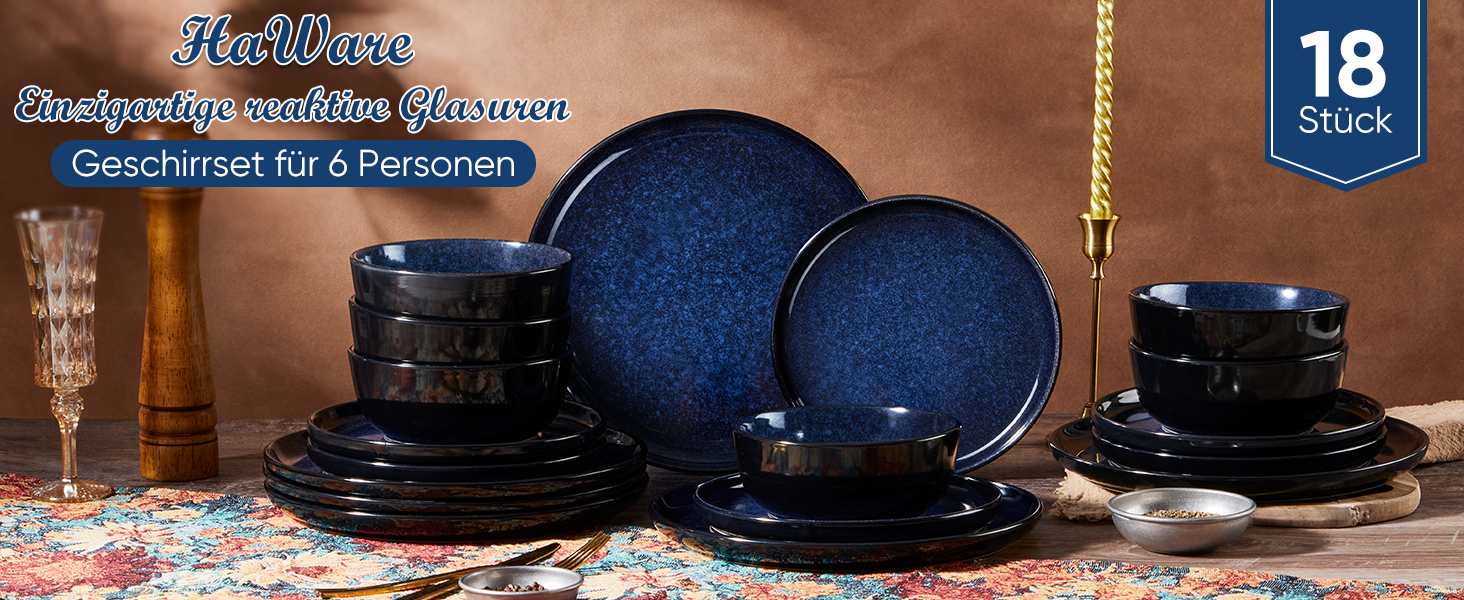 Набір посуду HaWare на 6 осіб, 18 предметів: тарілки з реактивної глазурі, комплект посуду для сервірування столу (Edelblau)
