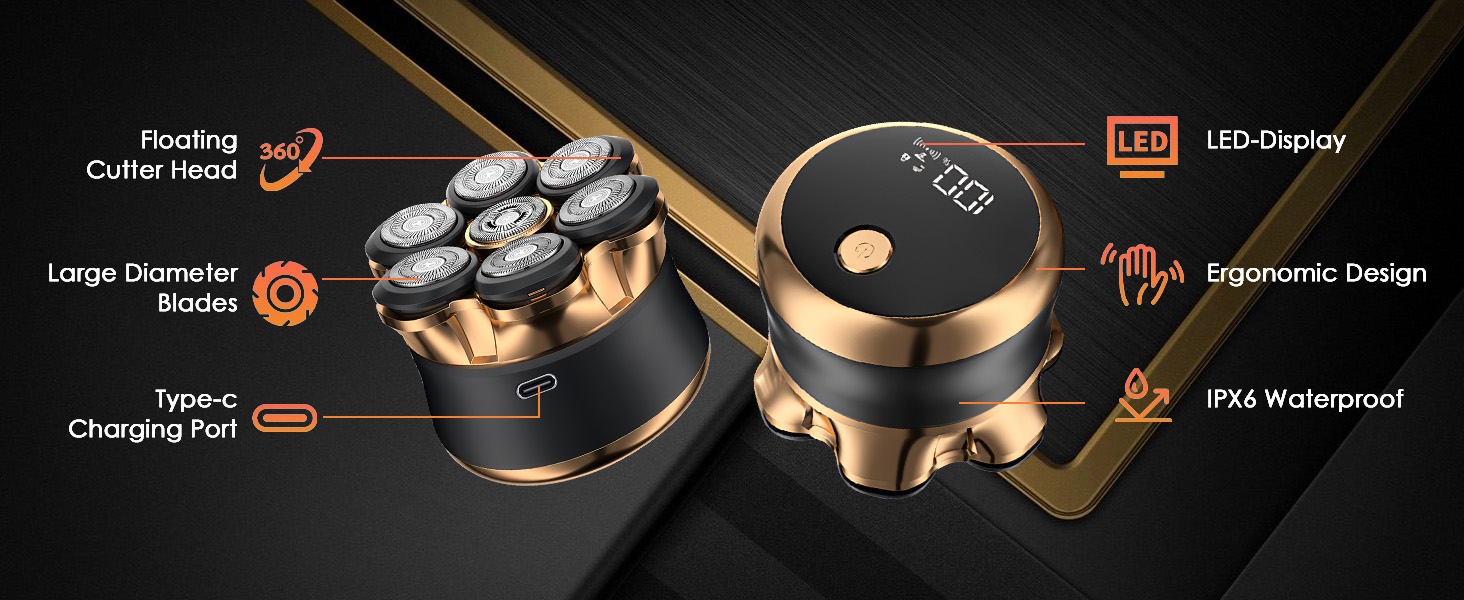 Електрична бритва чоловіча 7D Glatzen з плаваючою головкою, LED-дисплеєм, 2 режимами, Type-C зарядка, водонепроникна, акумулятор 120 хв, золотий колір
