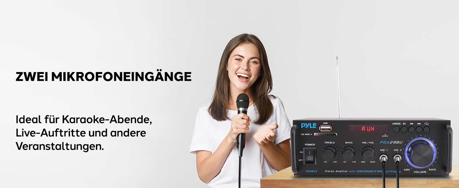 Pyle підсилювач 200Вт, стерео Bluetooth, 2-канальний, RCA, USB, SD, MIC, FM-радіо, регулювання басу та високих, для дому, авто, студії, домашнього кінотеатру