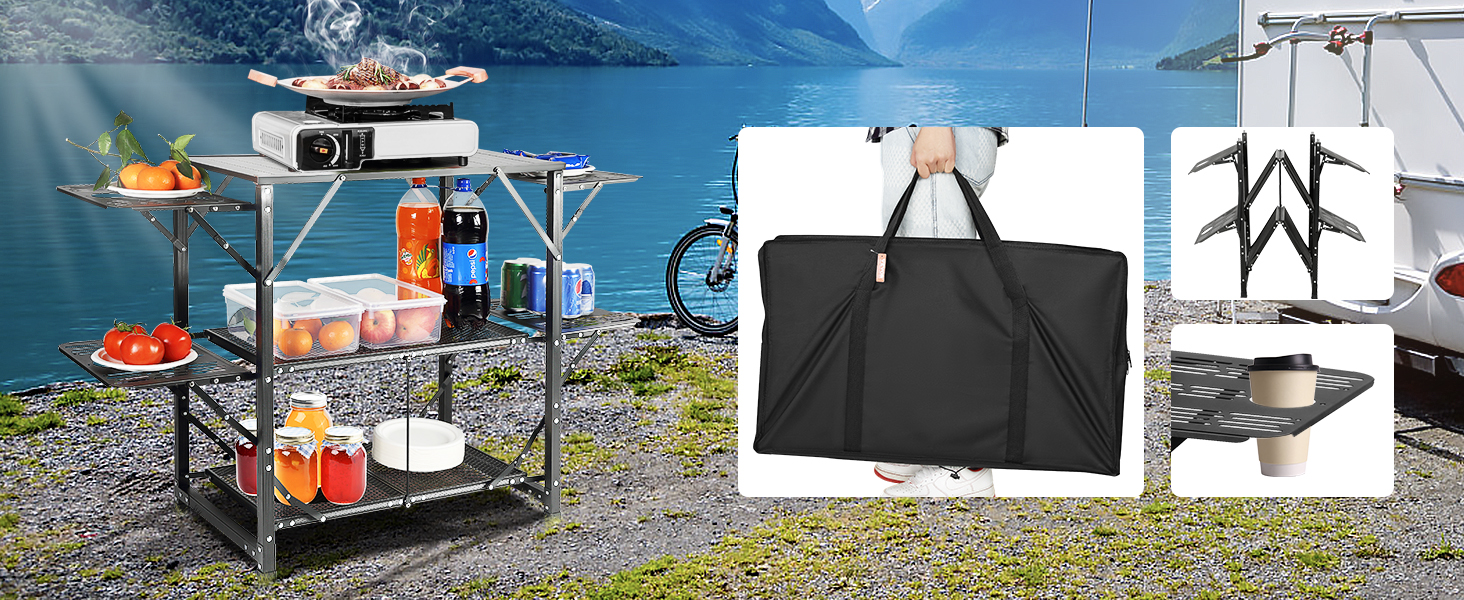 Стіл похідний VEVOR для кухні, алюмінієвий, складний, портативний, з 4 стінками та 2 полицями, з сумкою для перенесення. Для пікніка, грилю, кемпінгу.