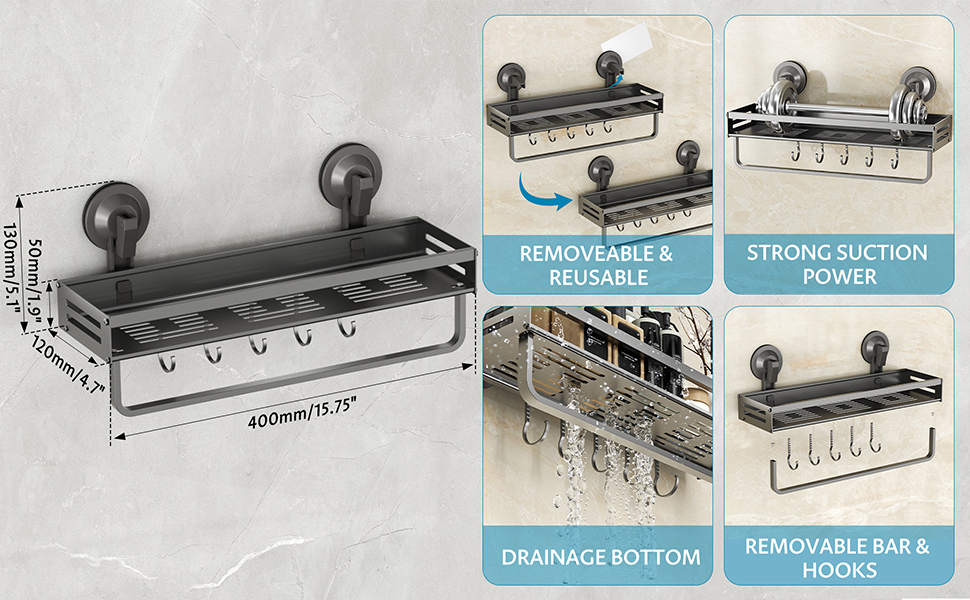 Настінна поличка для душу Onemake з присосками, 2 шт., 40 см, чорна матова