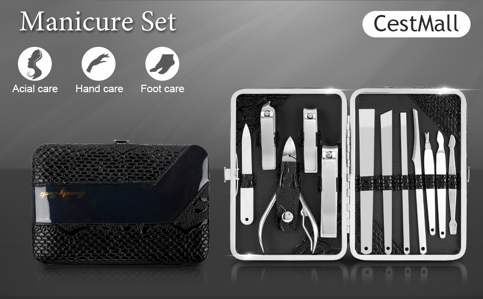 Набір для манікюру та педикюру CestMall 21 шт. з нержавіючої сталі. Професійний набір для манікюру та педикюру з нержавіючої сталі для чоловіків та жінок. Набір інструментів для догляду за нігтями з шкіряним кейсом, чорний
