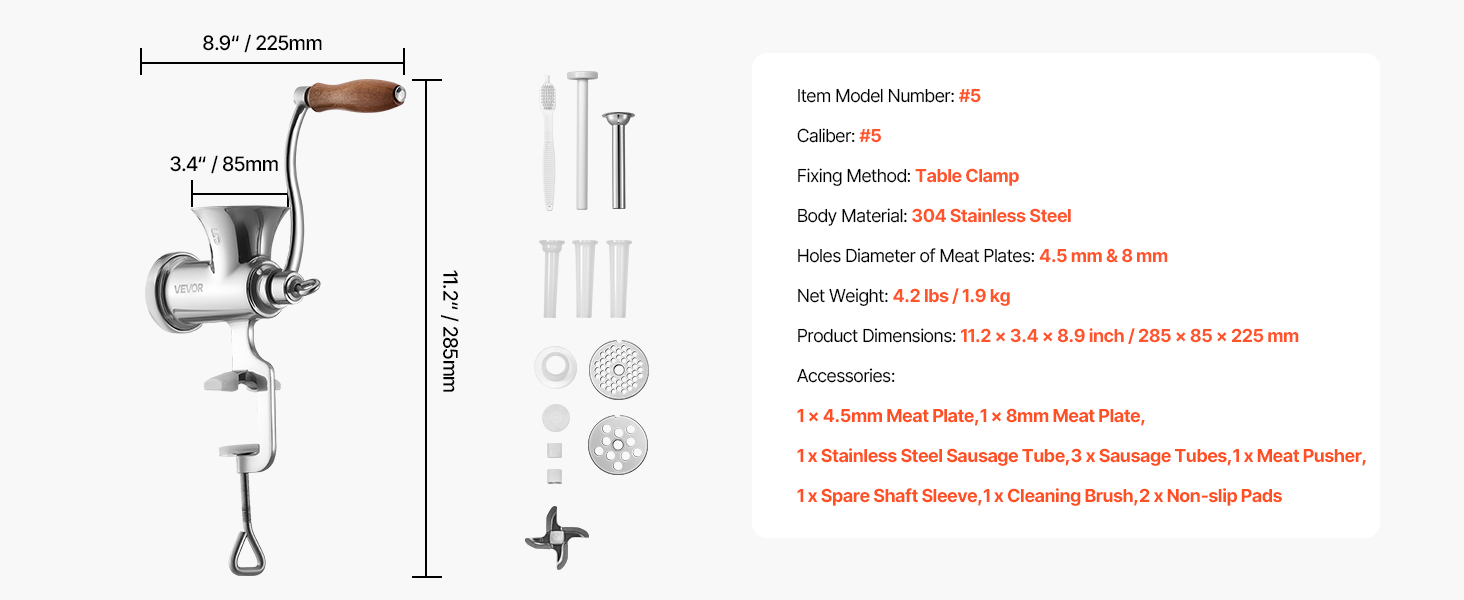 М'ясорубка ручна VEVOR з нержавіючої сталі 304, з насадкою для ковбас, кріпленням до столу та 2 дисками (4.5/8 мм) + 4 насадки для ковбас