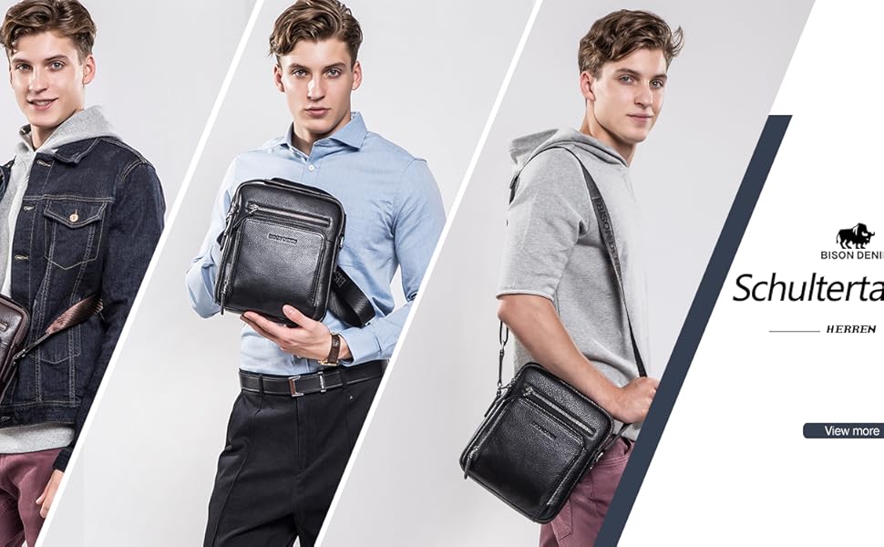Чоловіча сумка через плече BISON DENIM з натуральної шкіри, чорна: ретро, casual, бізнес