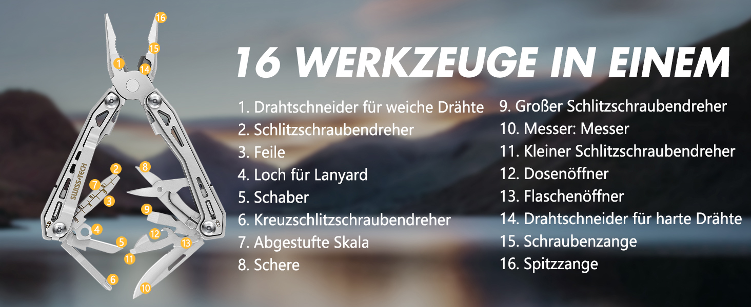 Мультитул Swiss+Tech 16 в 1: мультифункціональний інструмент з нержавіючої сталі з ножем, відкривачкою та кліпсою для ременя. Ідеально для кемпінгу та ремонту. З чохлом (Срібний)