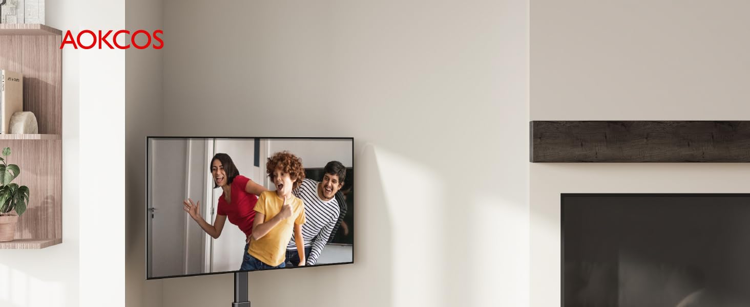 AOKCOS Rolling TV Stand with Wood Shelf - Adjustable Height & Swivel - Fits 32-65 inch TVs (up to 40kg, VESA 400x400mm)