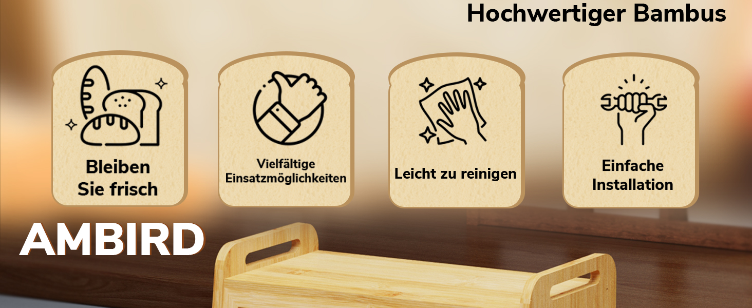 AMBIRD Бак для хліба з бамбука 20л - велика місткість з прозорими акриловими дверцятами, подвійне зберігання з вентиляцією та бічними ручками - зберігає хліб свіжим та організовує кухонний простір, CBBNA002EUAM13